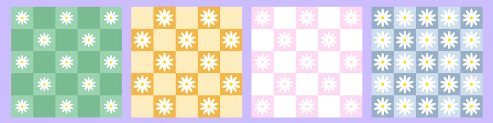 Wall Mural - Abstract seamless pattern set. Checkered background retro style with cute daisy or chamomile flowers