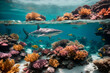 Corals and sharks bask in the rays of the underwater landscape, ocean idyll