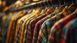Colorful checkered shirts hanging on a rack in a clothing store