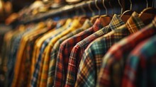 Colorful Checkered Shirts Hanging On A Rack In A Clothing Store