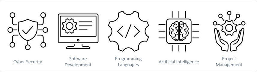 A set of 5 Hard Skills icons as cyber security, software development, programming languages