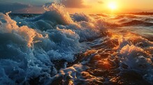 The Sun Sets Over A Turbulent Sea, Casting A Golden Glow Over The Dynamic Waves