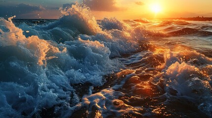 The sun sets over a turbulent sea, casting a golden glow over the dynamic waves