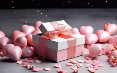 Happy Valentine's Day. Holiday wedding. happy birthday. Festive background with heart, balloons and gift box. Generative AI.