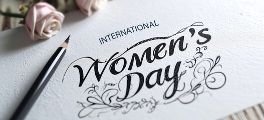 Wall Mural - International Women's Day themed calligraphy on paper with roses. Celebration and appreciation.