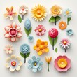 Set of bright cartoon flowers icons isolated on a white background. Flowers stickers and icons design. Set of cute stylized flowers. Children's flowers art concept. Collection of stickers and icons.