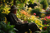 Fototapeta  - Entspannung im Garten Alter Mann genießt die Ruhe