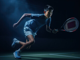 Asian professional badminton player carrying racket on court during warm-up match before tournament