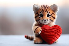 Romantic Feline Charm: A Light Background Highlights A Cute Tiger Toy Turning A Red Knitted Heart In A Heartwarming Valentine's Day Gesture.