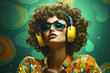 © LunaLu - Poster for retro party or disco. Futuristic girl in sunglasses and headphones.