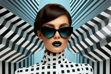 Retro futuristic girl wearing sunglasses. Pop art retro fashion woman with geometric black and white pattern background