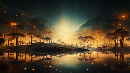 Wall Mural - a fractal landscape filled with mirrored images, each one slightly altered and evolved from the prev