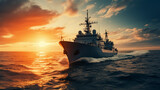 Fototapeta  - The military ship on sea at sunrise.