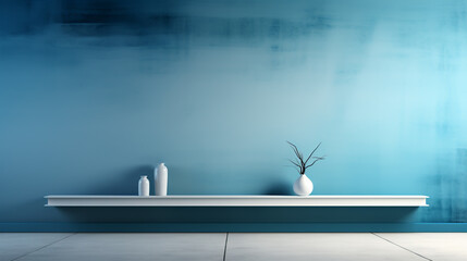 Wall Mural - Universal minimalistic blue background for presentation. A light blue wall in the interior with beautiful built-in lighting and a smooth floor.