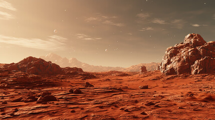 Landscape on the planet Mars, surface is a picturesque desert on red planet. artwork