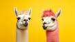 Two colorful llamas funny portrait. Party invitation Card. Copy space on plain yellow studio background. Fun Party concept. Generative AI image.