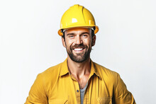 Smiling Male Professional Constructor With A Tool In A Service Uniform, White Background Isolate.