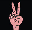 Hand gesture V sign for victory or peace icon. Doodle cartoon style. Isolated vector illustration on white background.