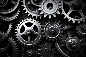 Aufkleber - Retro black and white background of industrial cogs or gears with movement