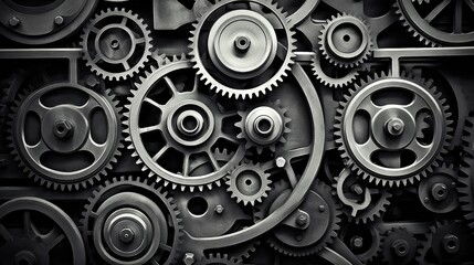 Aufkleber - Retro black and white background of industrial cogs or gears with movement