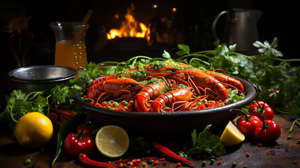 Wall Mural - Boiled lobster with vegetables on a black stone plate. Seafood. Free space for your text.