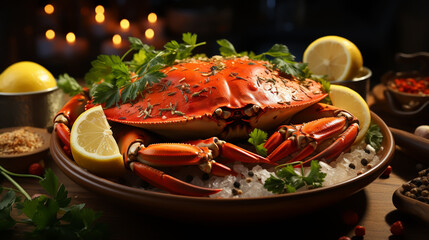 Wall Mural - Cooked crabs on black plate served with white wine, black slate background