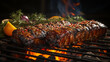 bbq pork ribs cooking on flaming grill shot with selective focus