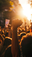 Wall Mural -  A Crowd of Protesters Raises Fists in the Air, Standing Firm in the Fight for Their Rights. The Sunlight Effect Illuminates the Spirit of Revolution and Protest, Voices United.