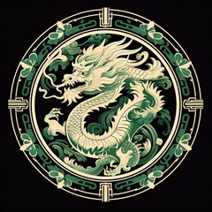 Wall Mural - Green Wooden Dragon year border flat style on black background Generative AI 