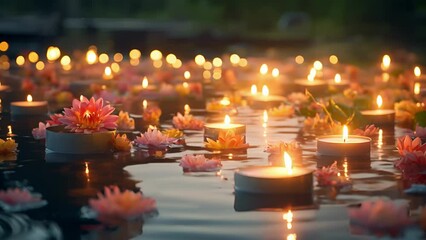 Wall Mural - A stunning arrangement of floating candles in various sizes, shapes, and colors rests atop a serene pond, adding a touch of magic to the natural beauty of the scene.