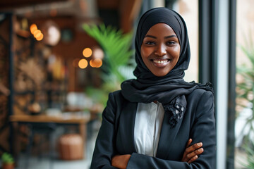 Wall Mural - Portrait of young beautiful confident African American muslim business woman in hijab. Standing in the office, smiling, looking at the camera, crossed her arms. Digital Entrepreneur E-Commerce work