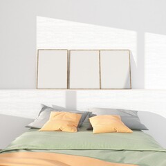 Wall Mural - Three frames mockup on modern bedroom. 3 empty canvas mock up vertical wood frames. 3d render