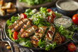  Plate of caesar salad with crisp lettuce, grilled chicken slices, cherry tomatoes, croutons, and Parmesan cheese. Food photography, Generative AI