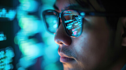 asian programmer man and reflection in glasses focus and programming for cyber security