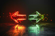 © youriy - Neon arrows in green and red pointing left and right directions on dark wet surface