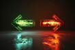 Neon green and red arrows pointing left and right on a reflective wet surface