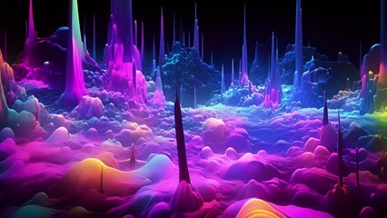 Wall Mural - an otherworldly landscape of fluorescent hues and glowing symbols, depicting the transcendence of tr
