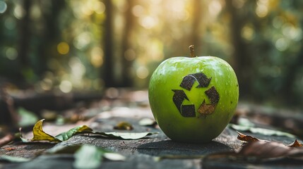 Wall Mural - A fresh, vibrant green apple featuring a prominent recycle symbol imprint, representing the intersection of healthy organic eating and environmental consciousness through recycling.