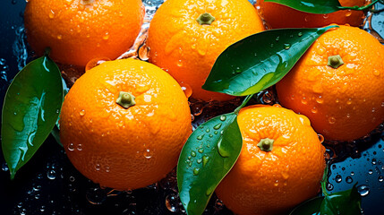 There are a lot of wet tangerines fruits. Selective focus.