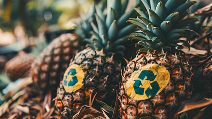 Wall Mural - Fresh pineapples with a bright green recycle symbol sticker on them, representing organic food choices and a sustainable lifestyle, with a focus on composting after consumption for zero waste.