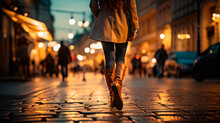 Legs Of A Woman Walking Through The City At Night. Selective Focus.