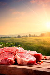 Wall Mural - Meat steaks raw on the table in nature. Selective focus.