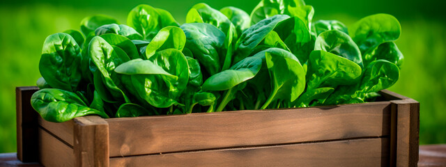 Wall Mural - spinach in a box in the garden. Selective focus.