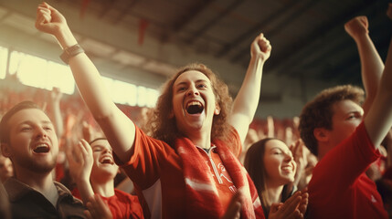 group of fans dressed in red color watching a sports event in the stands of a stadium