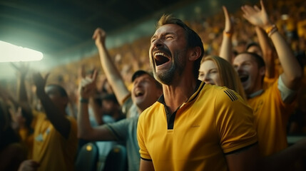 Wall Mural - group of fans dressed in yellow color watching a sports event in the stands of a stadium