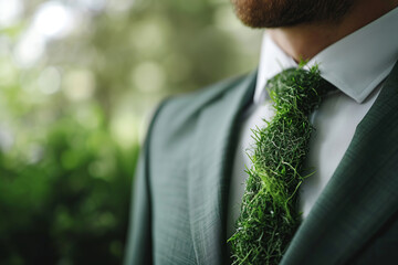 Eco-friendly business company, businessman man in a suit, white shirt and tie made of green grass.