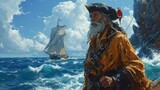 an old sea pirate dressed in a yellow sea cloak, standing on a rocky shore overlooking a stormy sea, along which a majestic sailboat sails in the distance