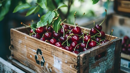 Wall Mural - A rustic wooden crate adorned with recycle symbol, brimming with fresh, ripe cherries, promoting the eco-friendly practice of recycling and composting food waste after consumption.