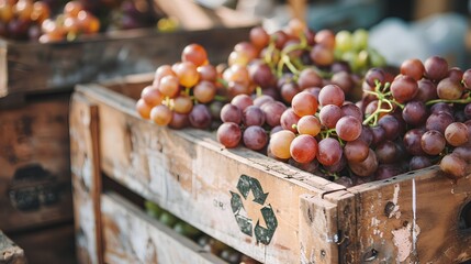 Wall Mural - A rustic wooden crate adorned with recycle symbol, brimming with fresh, ripe grapes, promoting the eco-friendly practice of recycling and composting food waste after consumption.