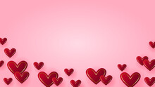 Valentine's Day Banner. Red Hearts With Gold Frame On Pink Background